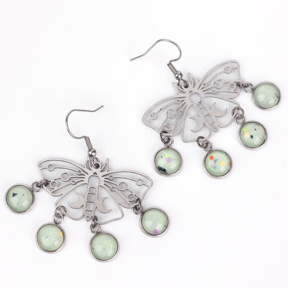 Silver Metal Luna Moth Filigree Dangle Chandelier Earrings - Picture 2 of 5
